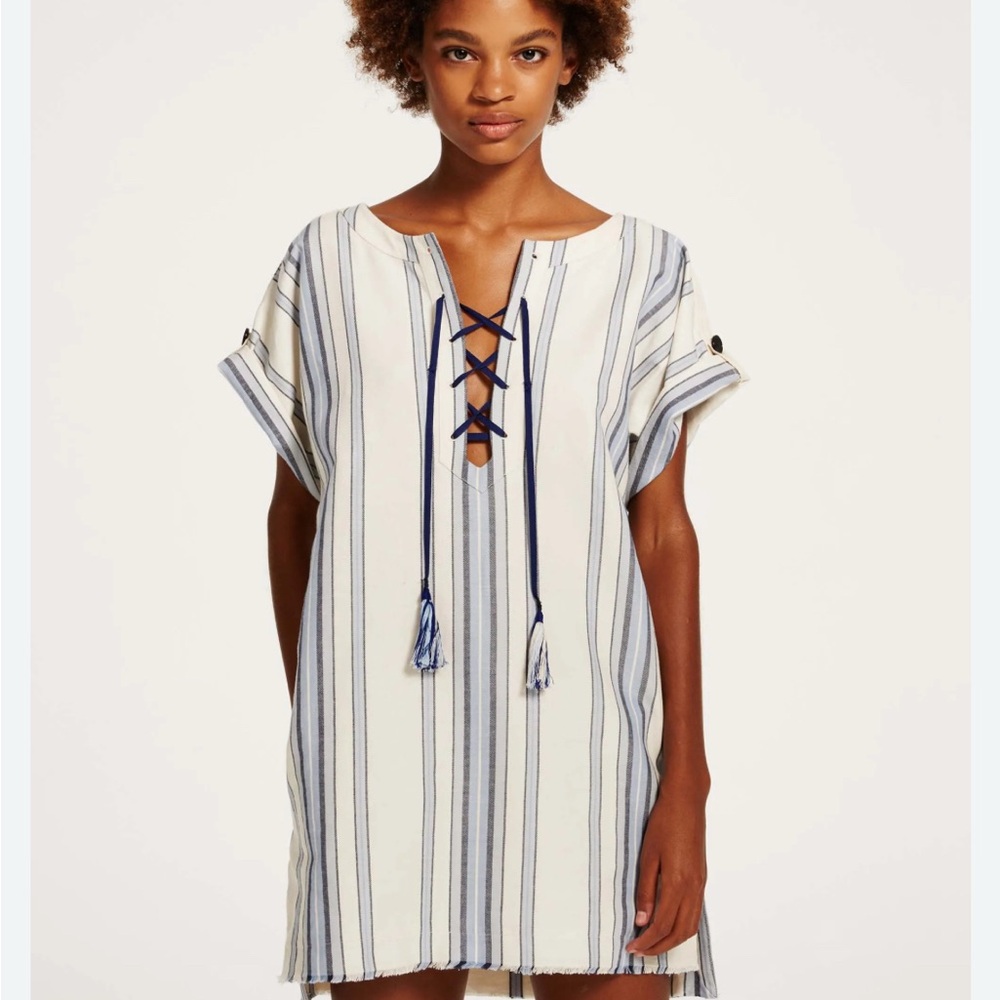 Lemlem Hamlin Blue and White Striped Lace-Up Tunic